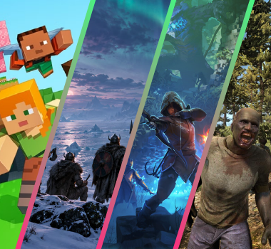 Montage Minecraft, Valheim, Enshrouded et Project Zomboid pour l'article sur la survie, le craft et la coopération