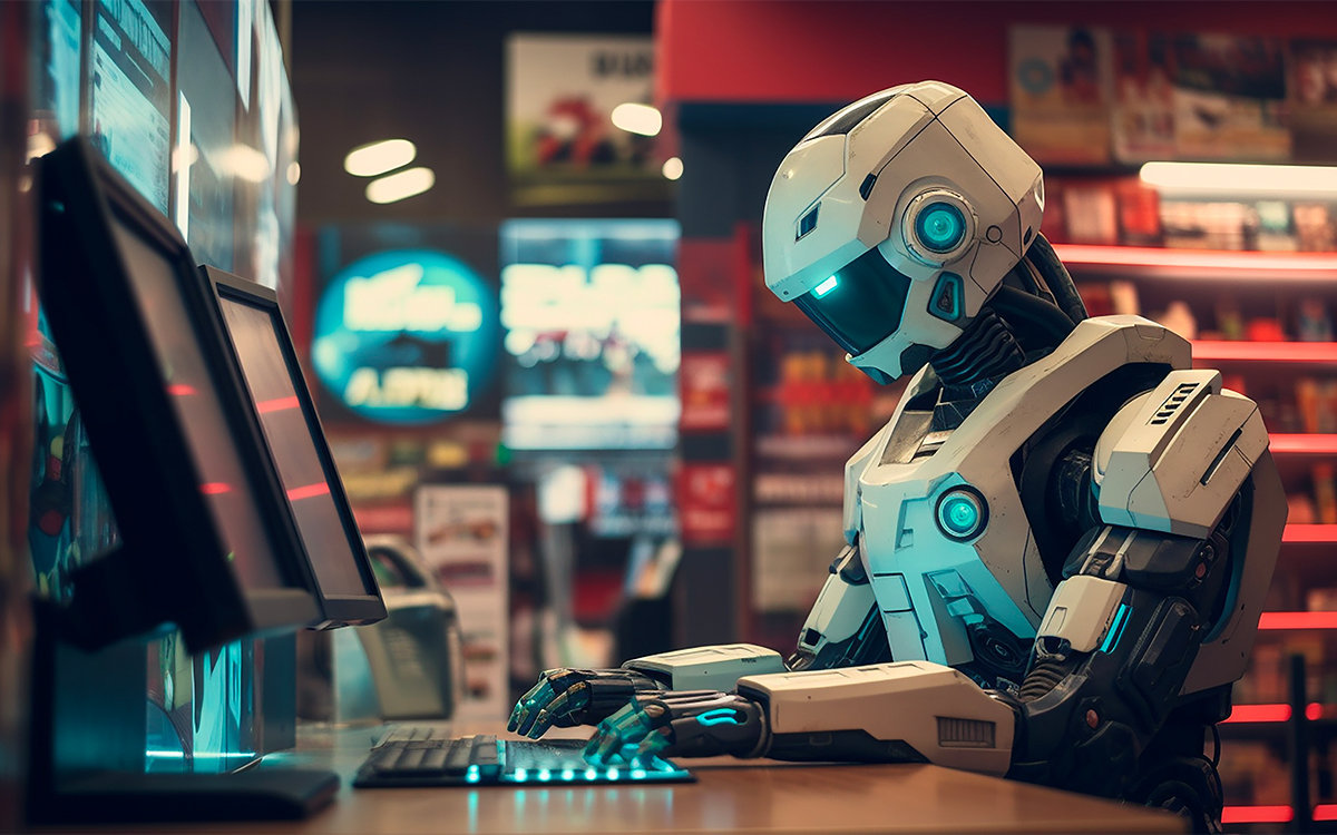 Illustration d’un robot devant un ordinateur, métaphore de l’automatisation créative