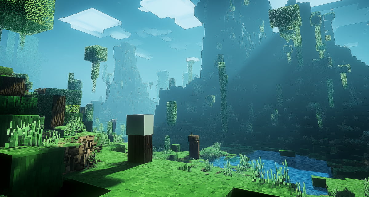 Paysage de blocs évoquant Minecraft, illustration du passage consacré à Oasis