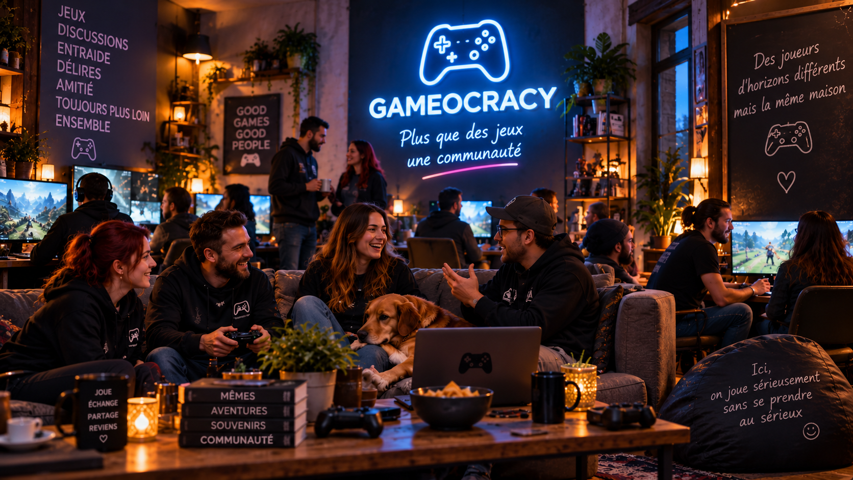 Illustration du café Gameocracy : des joueurs réunis dans une même maison