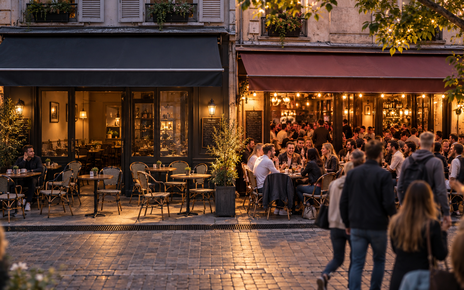 Deux terrasses voisines : l’une calme, l’autre pleine de monde