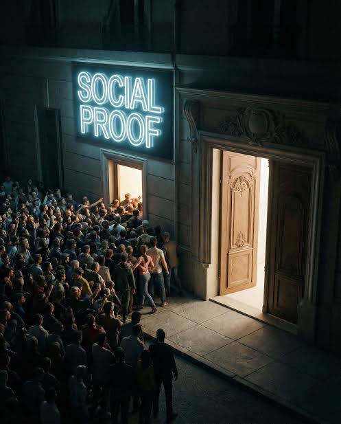 Une foule attend devant une entrée marquée Social Proof, à côté d’une porte vide