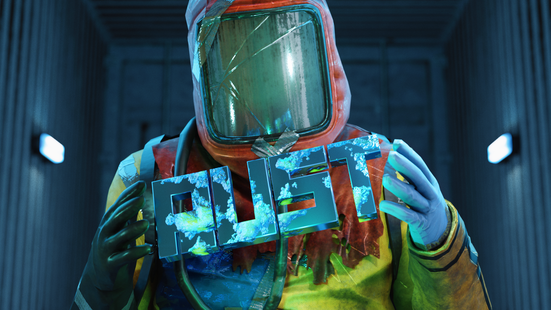Rust : survivant en combinaison tenant le logo du jeu