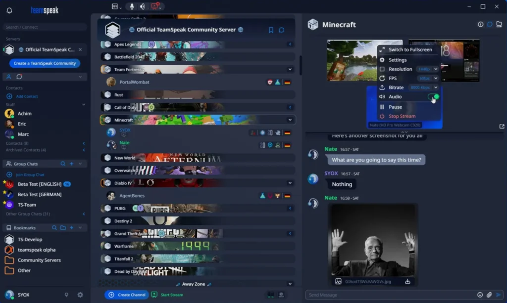 Interface de TeamSpeak 6 avec salons et partage d’écran