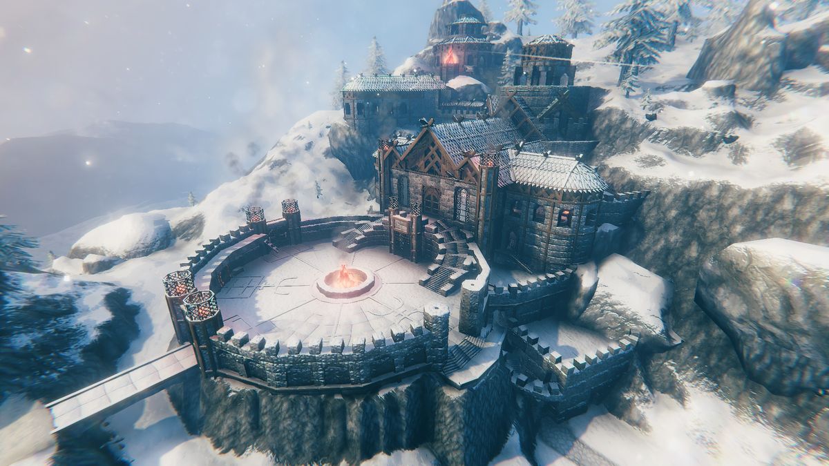 Forteresse de Valheim dans les montagnes enneigées