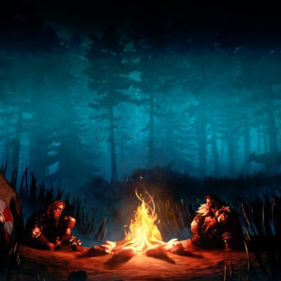 Deux personnages de Valheim autour d’un feu