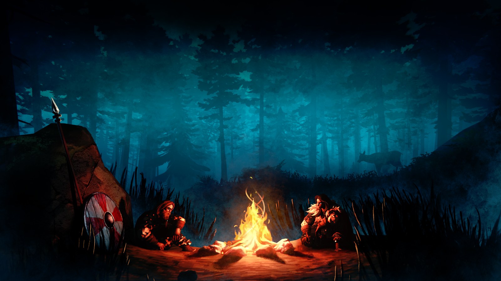 Deux personnages de Valheim autour d’un feu