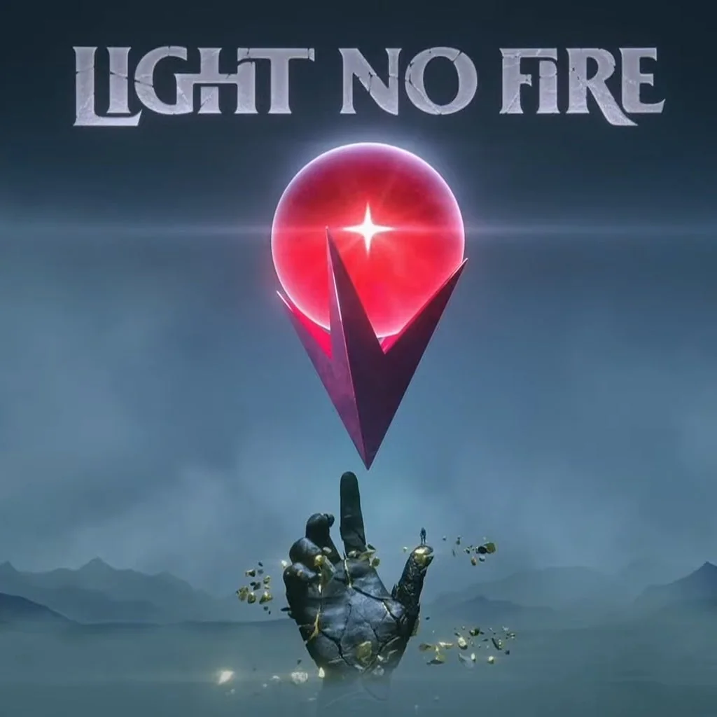 L’emblème rouge de Light No Fire au-dessus d’une main de pierre